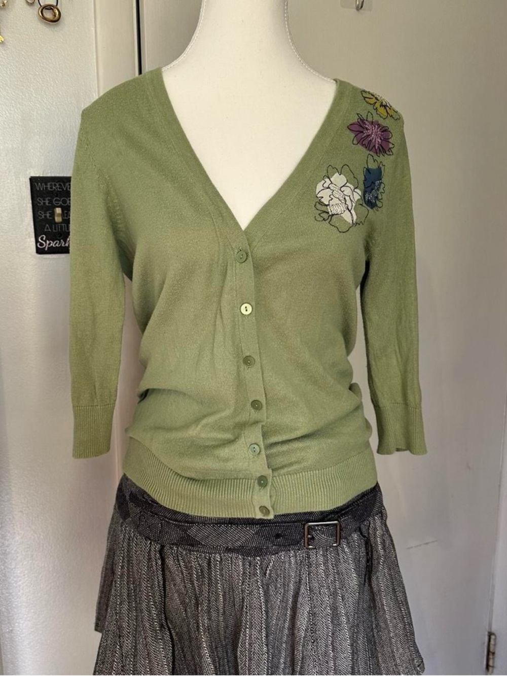 Merona green floral embroidered cardigan